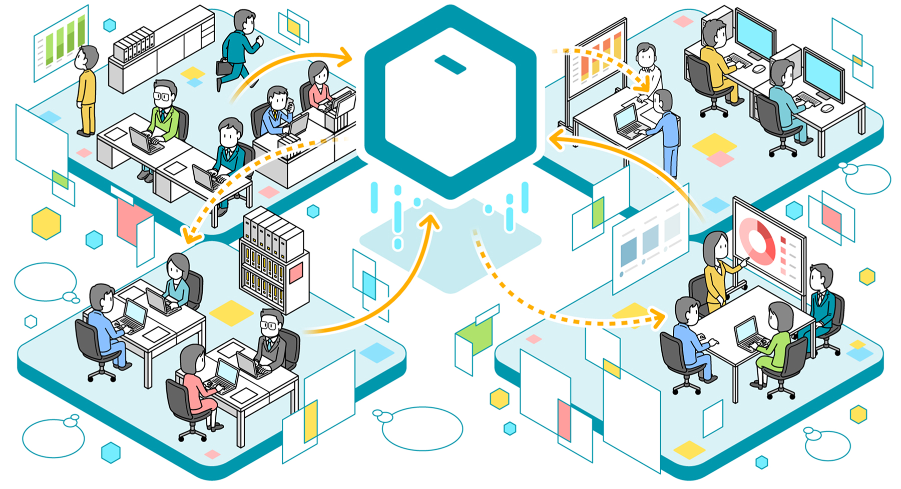 社員全員で会社を運営している様子のイラスト